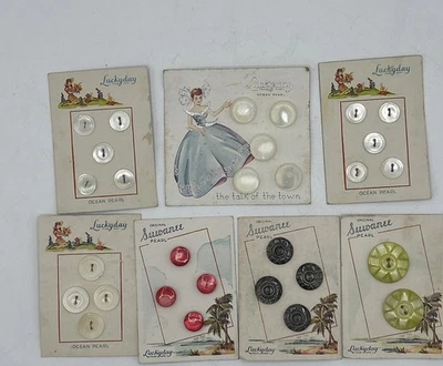 NOS Vintage LOT Luckday Buttons 7 Original Cards- Ocean Pearl- Green-Red- Gray - Image 1 of 4