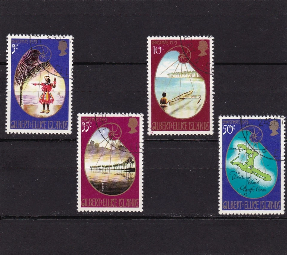 GILBERT & ELLICE ISLANDS #212-215 MAPA USADO DE ISLA DE NAVIDAD, LAGUNA Y BAILARINA Foto 1 de 1