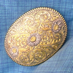 Desert Floral Belt Buckle Western 22KG on Sterling Silver Vtg Crumrine.Bowman#12 - Picture 1 of 14