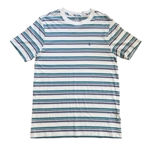 Volcom Shirt Mens Medium White Blue Striped Modern Fit Cotton Skate Surf Logo - Picture 1 of 7