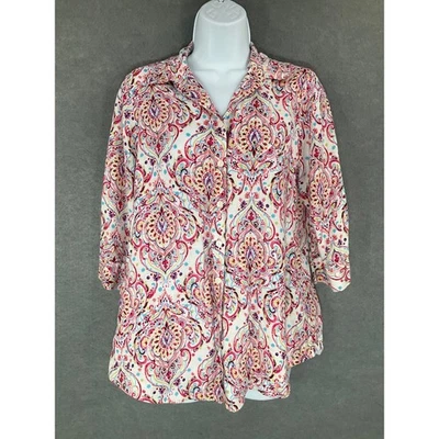 Blusa Chico's Sin Hierro Top Abotonado Estampado Paisley 100% Lino Manga 3/4 Talla 4 Foto 1 de 4