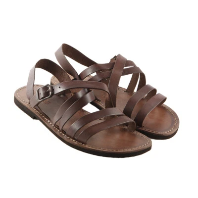 Sandalias Hombre Cuero y Piel Hecho A Mano 100% Made IN Italy De Fraile Marrón - Imagen 1 de 4