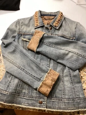 Chaqueta Denim Ellie TAHARI Mediana Puño Abatible Boho Western Bordado Cottage Delgada Foto 1 de 4