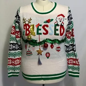 Ugly Christmas Sweater #Blessed Fair Isle Snowflake Sequins Juniors Womens XXL - Picture 1 of 4