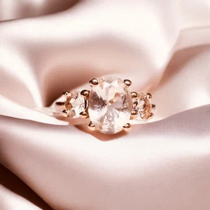 14K Gold- Natural Morganite Ring - 1/2 CTTW -Size 7- Oval Cut Three Stone-2.4g - Picture 1 of 22