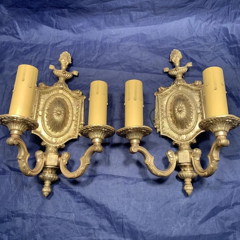 Pair quality antique yellow brass double candle wall sconces by “Crecent” 61B Cover