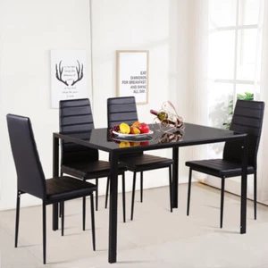 Modern Tempered Glass Top Black Table with 4 Faux Leather Chairs Set Kitchen Bar - Picture 1 of 7