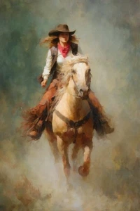 Watercolor Cowgirl on Horseback IV by Buck Rawlins Western Art Print Ships Free - Picture 1 of 3