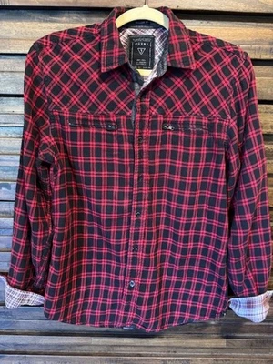 Mens Guess Flannel Shirt Red Long Sleeve Plaid MED Fold Up Sleeve Soft EUC - Image 1 of 4