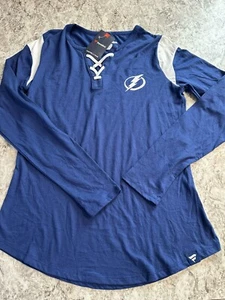 NWT Women’s Fanatics Tampa Bay Lightning Lace Up Tshirt Long Sleeve Large Blue - Picture 1 of 9