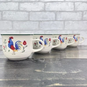 Vtg International Table Works Blue Rooster 10oz Stoneware Mug set Of 4 Blue Trim - Picture 1 of 11