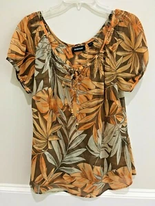 Plus Size Boho Floral Peasant Blouse Lightweight, Short Sleeve, Brown - Picture 1 of 4