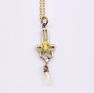 Dainty Art Nouveau Lavalier Pendant Necklace Baroque Pearl Drop Black Hills Gold - Picture 1 of 5