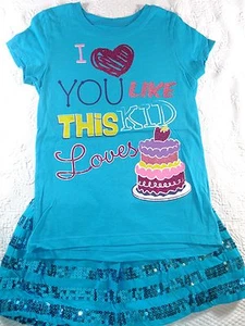 TCP Aqua Blue Glitter Cake Top 5/6 & Justice Aqua Sequin Skort 7 Outfit Lot G5 - Picture 1 of 8