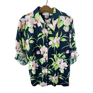 Studio Works Floral Button Down Shirt Womens 1X Linen Navy Roll Tab Sleeve NEW - Picture 1 of 7