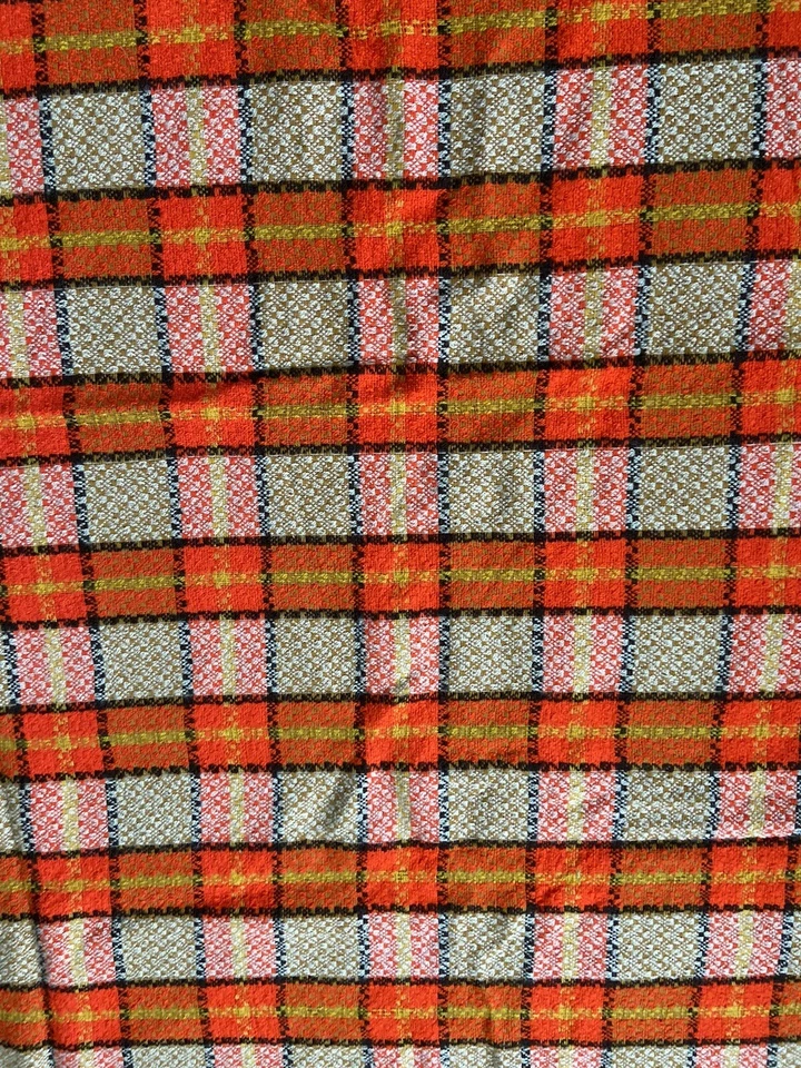 Vintage 60s 70s Plaid Orange & Yellow Knit Polyester Fabric Remnant 50" x 52" - Image 1 of 4