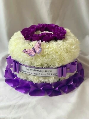 SILKY BOUQUETS Birthday Cake Artificial Flower Memorial Tribute Funeral Anniversary Silk Wreath