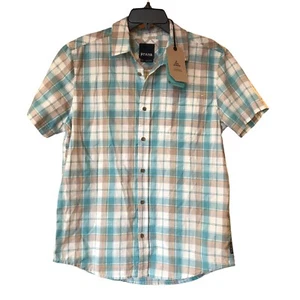 PrAna Men’s Small Short Sleeve Plaid Brand New Button Collar Shirt Azurite Teal  - Picture 1 of 15