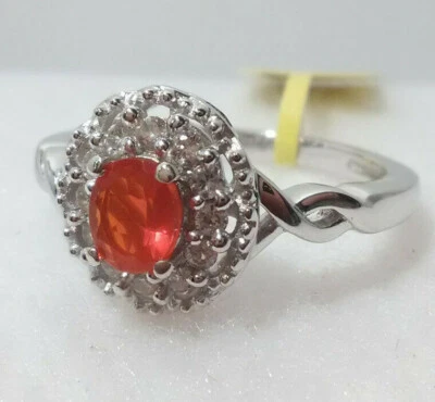 Crimson Fire Opal Natural White Zircon Ring Platinum over Sterling Silver size 5 - Image 1 of 4