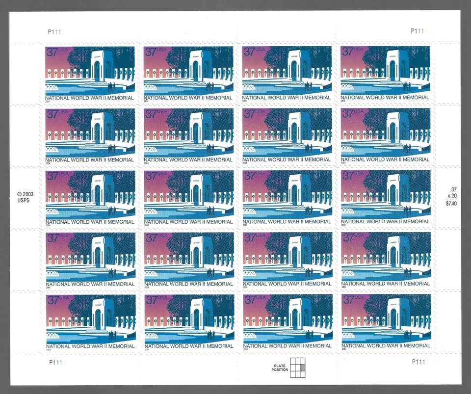 SFSTAMPS US Scott 3862 World War II Memorial Sheet of 20 Stamps 37¢ MNH 2004 - Image 1 of 1