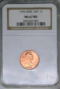 1998 Wide AM Lincoln Penny MS67RD NGC  Top Pop High Grade - Picture 1 of 2