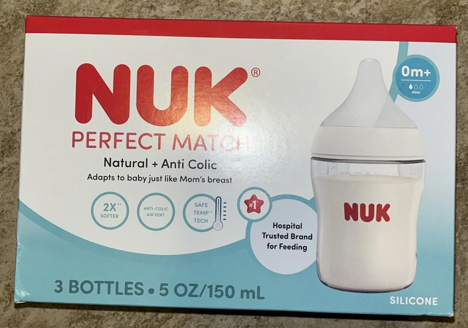 Paquete de 3 biberones NUK Perfect Match flujo lento 2 en 1 naturales y anticólicos 5 oz Foto 1 de 3