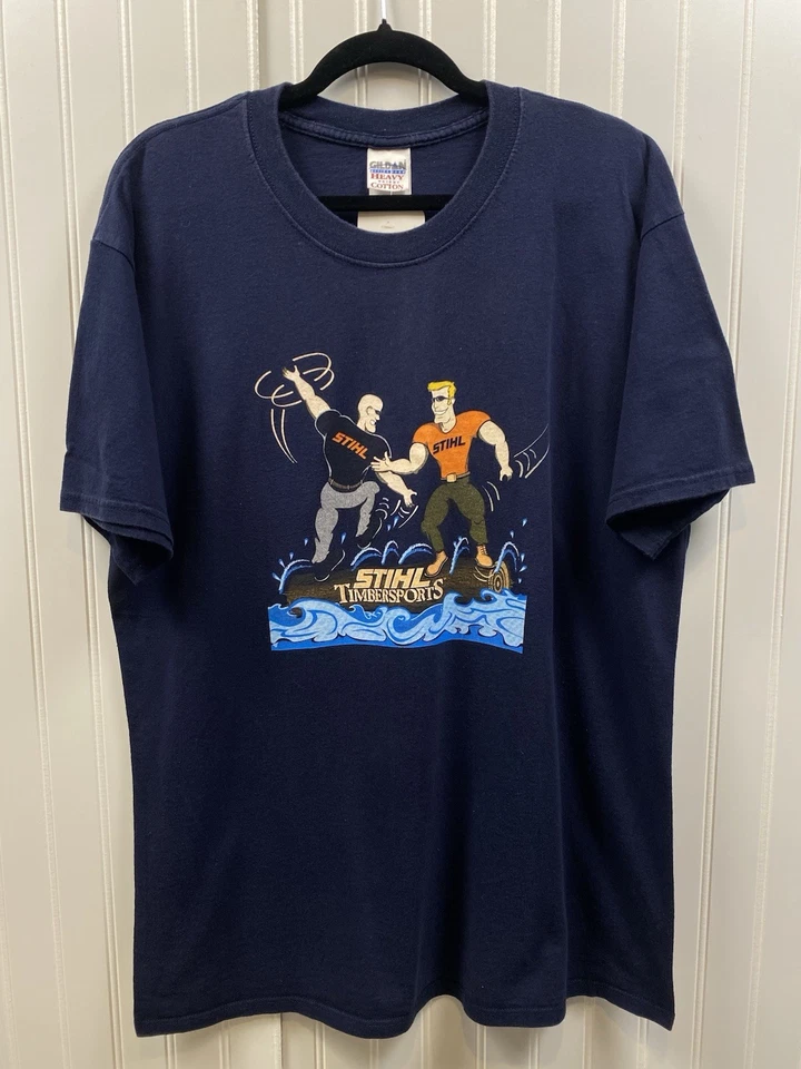 Camiseta Stihl Timbersports vintage de los años 2000 para hombre grande azul leñador rollo de troncos Foto 1 de 4