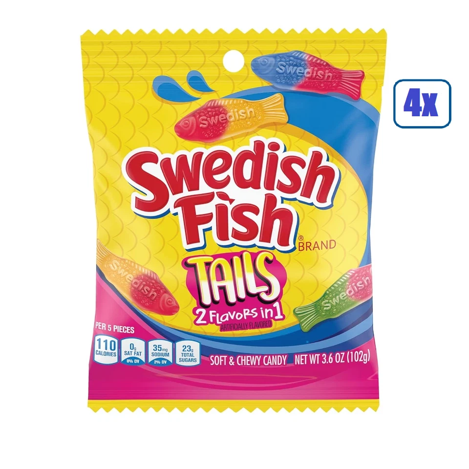 4x Bags Swedish Fish Tails 2in1 Flavors Soft & Chewy Gummy Candy - 3.6oz - Image 1 of 1