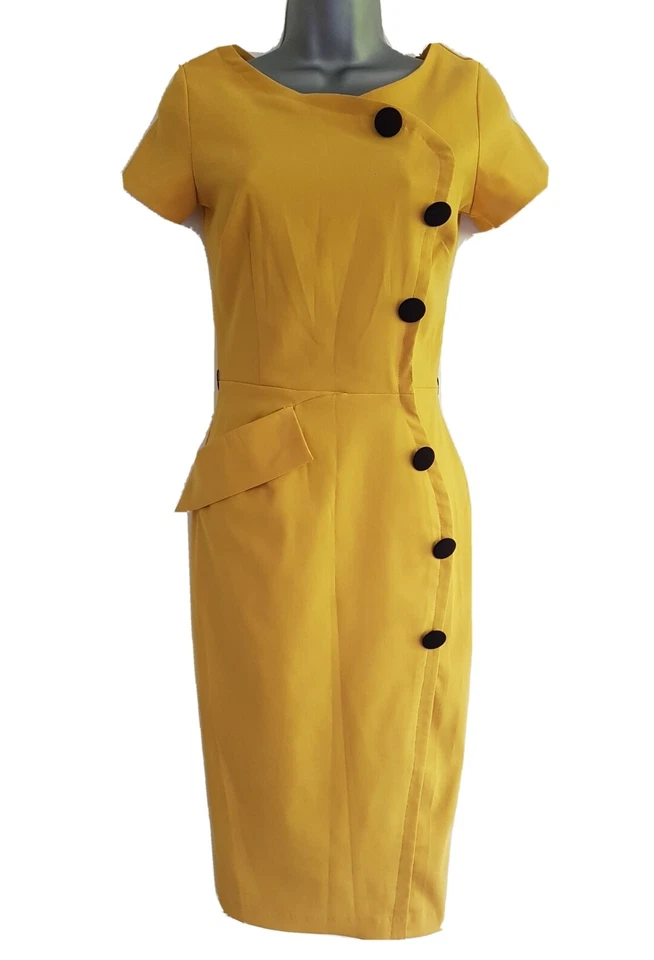 VESTIDO BODYCON HÍBRIDO MUJER AMARILLO BOTÓN DETALLADO MANGA CORTA. TALLA UK 8. Foto 1 de 4