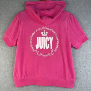 Y2K Juicy Couture Hot Pink Terry Short Sleeve Zip Up Sweater Size L Plus Girls - Picture 1 of 5