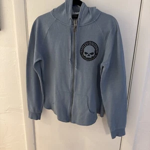 Women’s Harley-Davidson Full Zip Jacket Size Small Fleece Hoodie Blue Skull 💀 - Picture 1 of 8