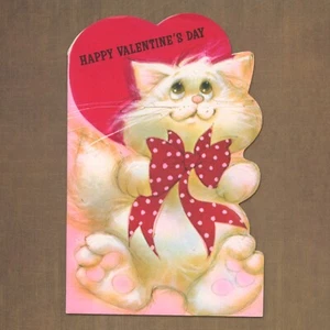 Vintage 1970s HAPPY VALENTINE'S DAY Card, Cute Cat Bow by American Greetings +✉ - Picture 1 of 6