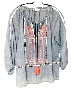 THML Boho Peasant Top Womens XS S M 37 Bust Anthropologie Gray Embroider Tassel - Picture 1 of 5
