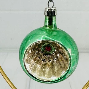 Christmas Tree Ornament Blown Glass Poland Reflector Indent Round Mica Green - Picture 1 of 10