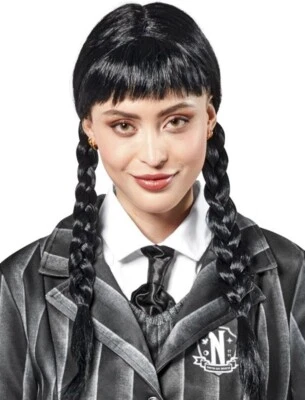 Peluca Disfraz Wednesday Addams Adulto Mujer Negro Trenzas Bangs Adams Serie Oficial Foto 1 de 3
