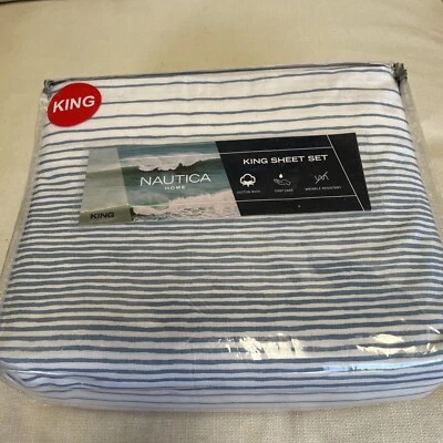 Nautica Hillridge Stripe KING Sheet Set Cotton Blend 60/40 Blue White NIP NEW P1 - Image 1 of 4