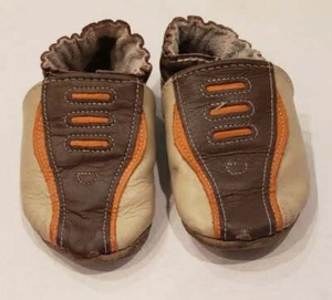 Robeez Baby Junge 6-12m Schuhe Leder braun beige orange Slipper weiche Sohlen - Bild 1 von 6