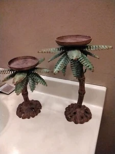  Set 2 PALM TREES Pillar Candle Holders CAST IRON EXC SOLID - Picture 1 of 9