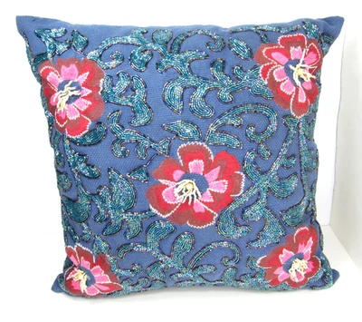 RARE MacKenzie-Childs 16"x16" Bluetopia Shimmer Throw Pillow Beaded Floral Blue - Image 1 of 4