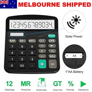 Desk Calculator Large 12 Digit Display Dual Power Basic Calculator Desktop Black - Picture 1 of 5