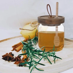Honey Pot Container with Dipper Wooden Spoon Clear Glass Dispenser - Picture 1 of 12