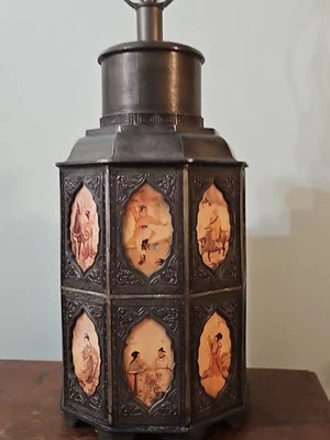 古董锡制茶罐带18个玻璃场景反绘面板灯 — 第 1/4 张图片