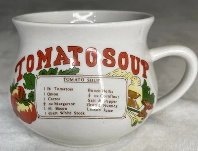 Taza Receta Sopa Tomate Vintage Años 70 con Mango Cerámica Blanco Decoración Retro Foto 1 de 4