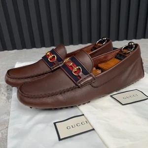 GUCCI Ayrton Web GG Horsebit Driving Moccasins Brown Leather 7 G 7.5 US 41 EUR - Picture 1 of 13