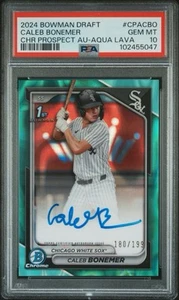 CALEB BONEMER 2024 BOWMAN DRAFT CHROME 1ST RC AQUA LAVA AUTO #/199 PSA 10 GEM - Picture 1 of 3
