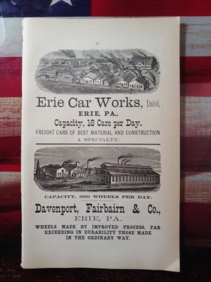 ~1884 Железнодорожная Реклама ERIE CAR WORKS Заводское Изображение Колеса DAVENPORT FAIRBAIRN & CO - Изображение 1 из 4