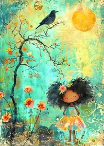 ACEO impresión de arte en miniatura 2,5x3,5 artista tarjeta coleccionable caprichosa chica feliz - Imagen 1 de 3