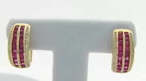 DIAMOND RUBY HUGGIE EARRINGS HOOP HINGED RUBY EARRINGS 18K - Picture 1 of 3