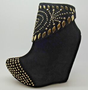 STUNNING LADIES JEFFREY CAMPBELL ZION BLACK / GOLD STUDDED WEDGE ANKLE BOOTS 4-7