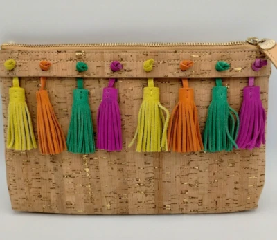 ELAINE TURNER Cork Clutch w/ Multicolored Leather Tassels Beautiful EUC/SPRING! - Image 1 of 4